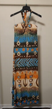 Boho Halter Maxi Dress Women's L Blue Brown Tropical Vacation Summer Resort